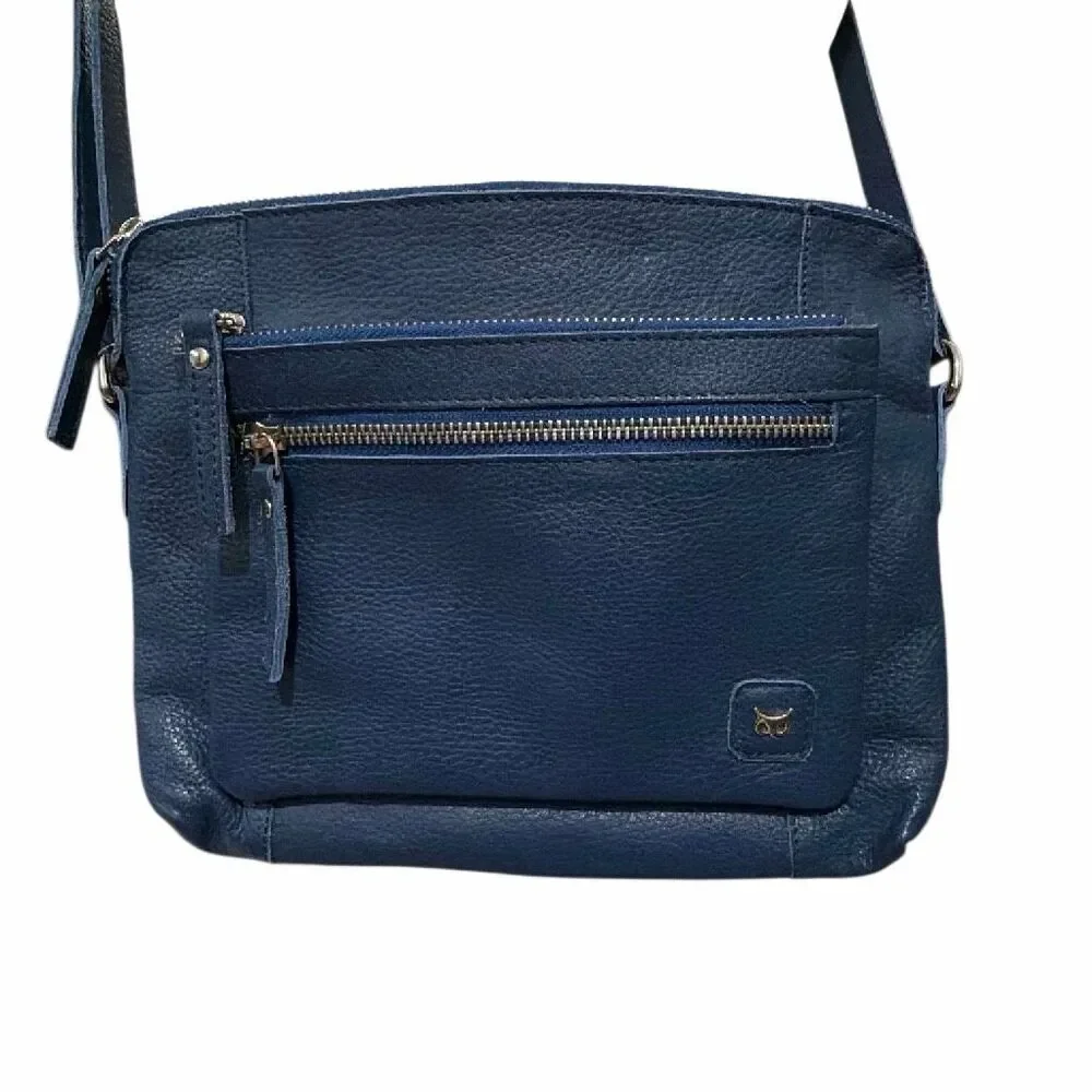Wise Owl Slate Blue Leather Crossbody Handbag Purse Adjustable Strap